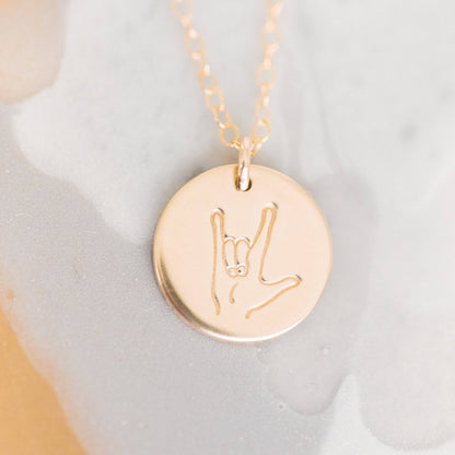 Hand Stamped 'I Love You' Sign Language Disc Necklace