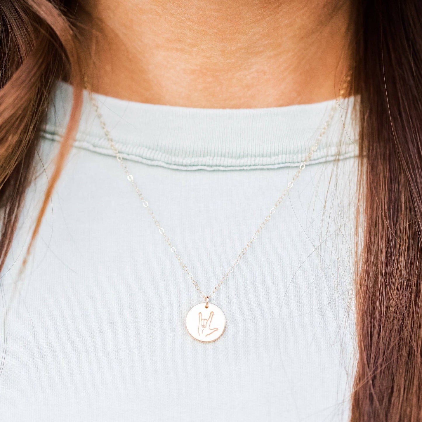 Hand Stamped 'I Love You' Sign Language Disc Necklace